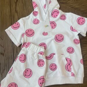 Lola + The Boys White Hoodie & Shorts Pajama Set with Pink Smiley Print